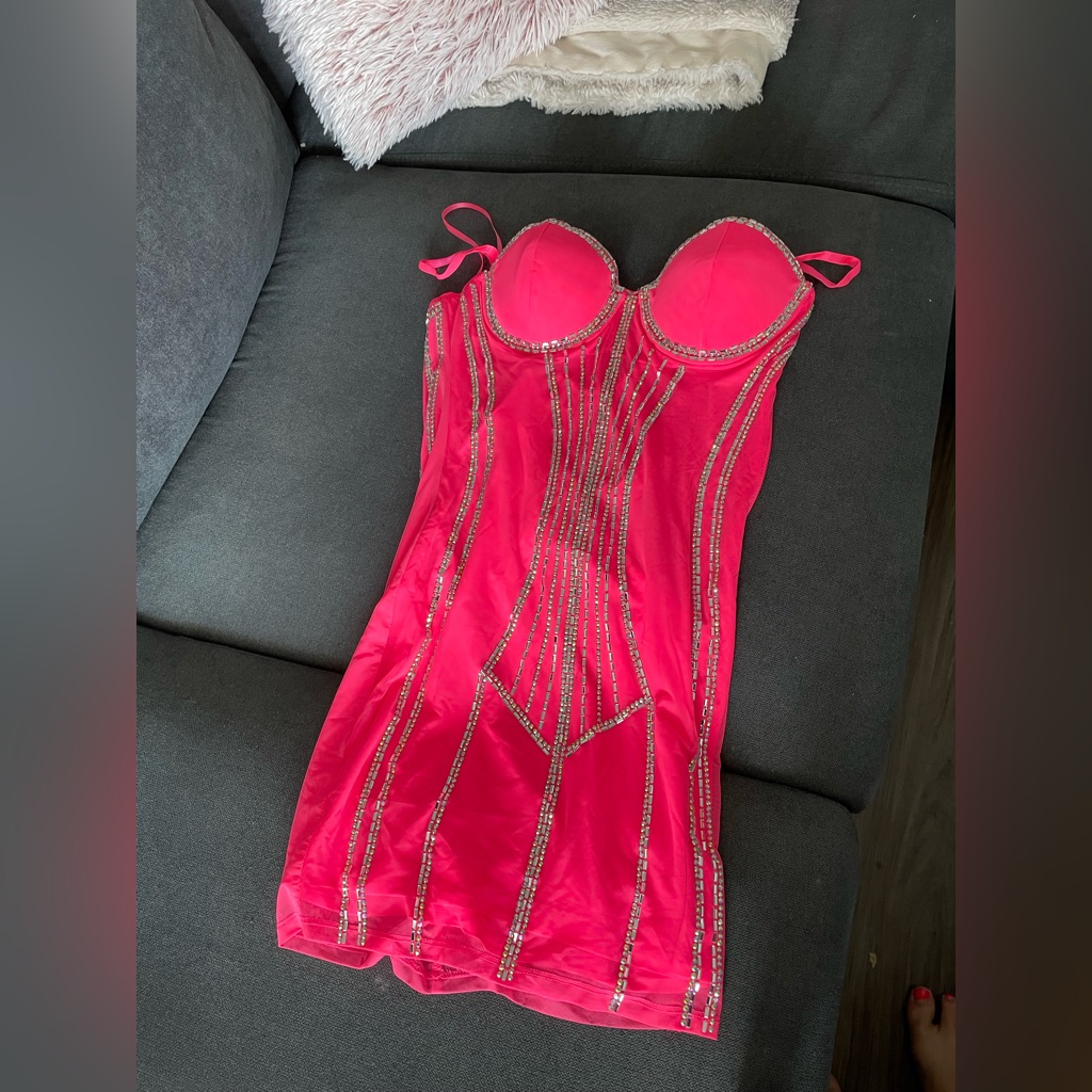 Xsmall Hot Pink, Mini Dress With Rhinestones